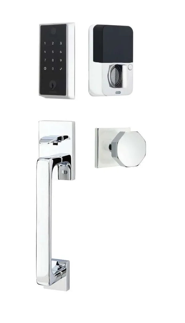 Emtek EMPowered 2 Touch Entry Set with Baden Grip and Octagon Knob Polished Chrome