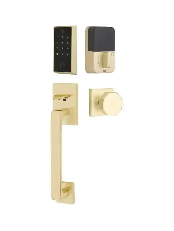 Emtek EMPowered 2 Touch Entry Set with Baden Grip and Octagon Knob in Satin Brass finish