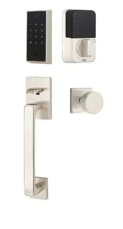 Emtek EMPowered 2 Touch Entry Set with Baden Grip and Octagon Knob in Satin Nickel finish