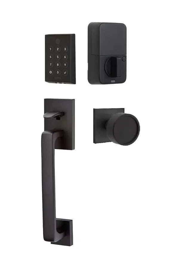 Emtek EMPowered 2 Touch Entry Set with Baden Grip and Verve Knob Flat Black