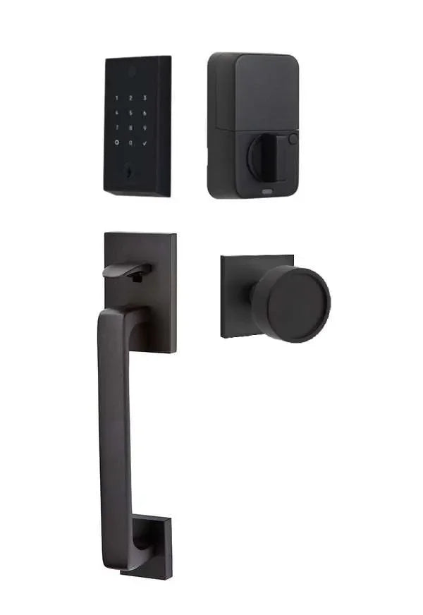 Emtek EMPowered 2 Touch Entry Set with Baden Grip and Verve Knob Flat Black