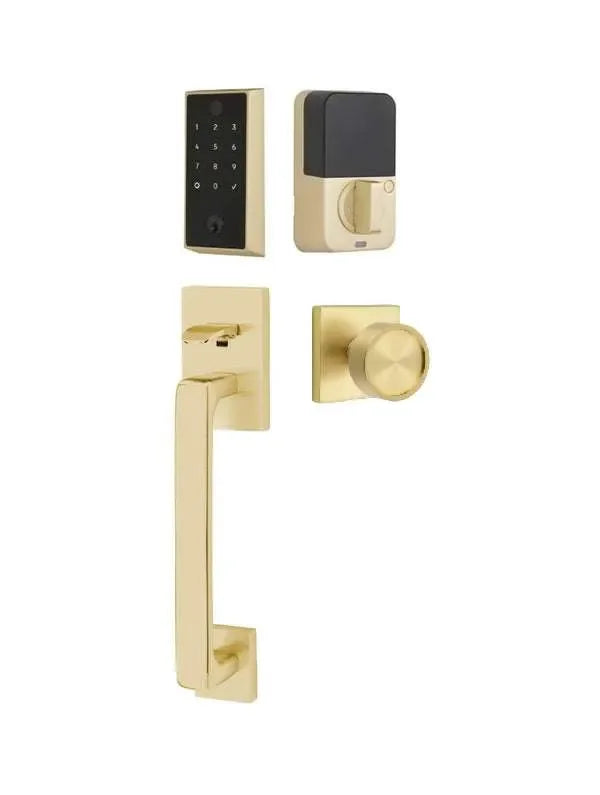 Emtek EMPowered 2 Touch Entry Set with Baden Grip and Verve Knob Satin Brass
