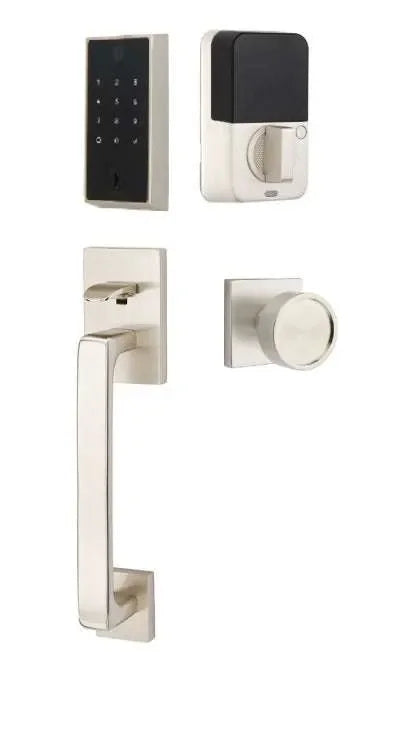 Emtek EMPowered 2 Touch Entry Set with Baden Grip and Verve Knob Satin Nickel