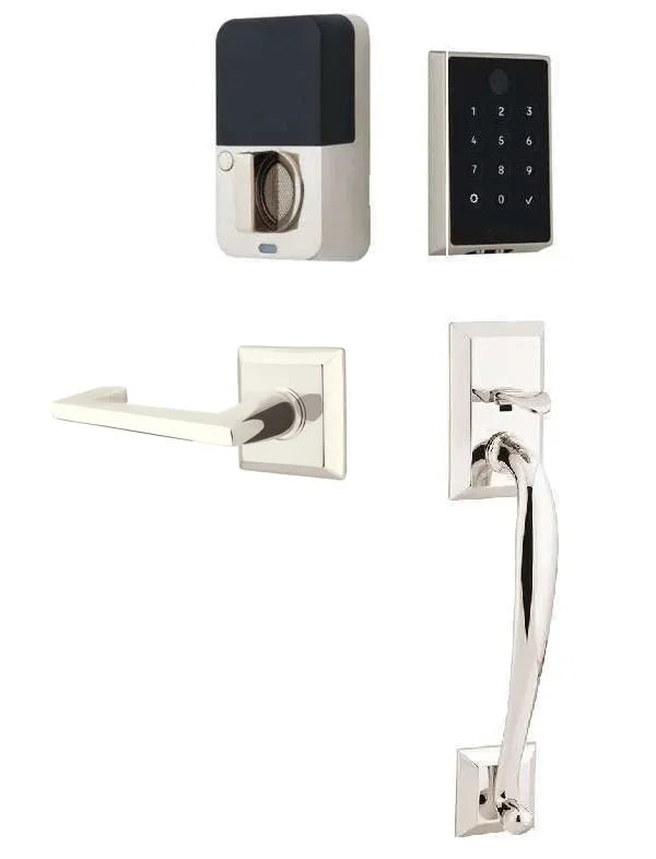 Emtek EMPowered 2 Touch Entry Set with Franklin Grip and Argos Lever Lifetime Polished Nickel