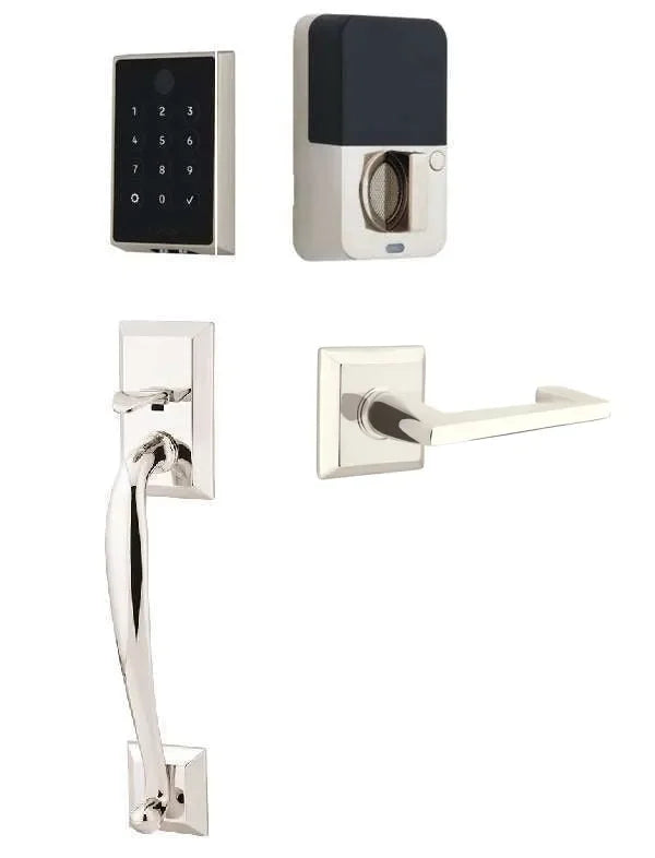 Emtek EMPowered 2 Touch Entry Set with Franklin Grip and Argos Lever Lifetime Polished Nickel