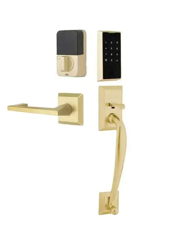 Emtek EMPowered 2 Touch Entry Set with Franklin Grip and Argos Lever in Satin Brass finish