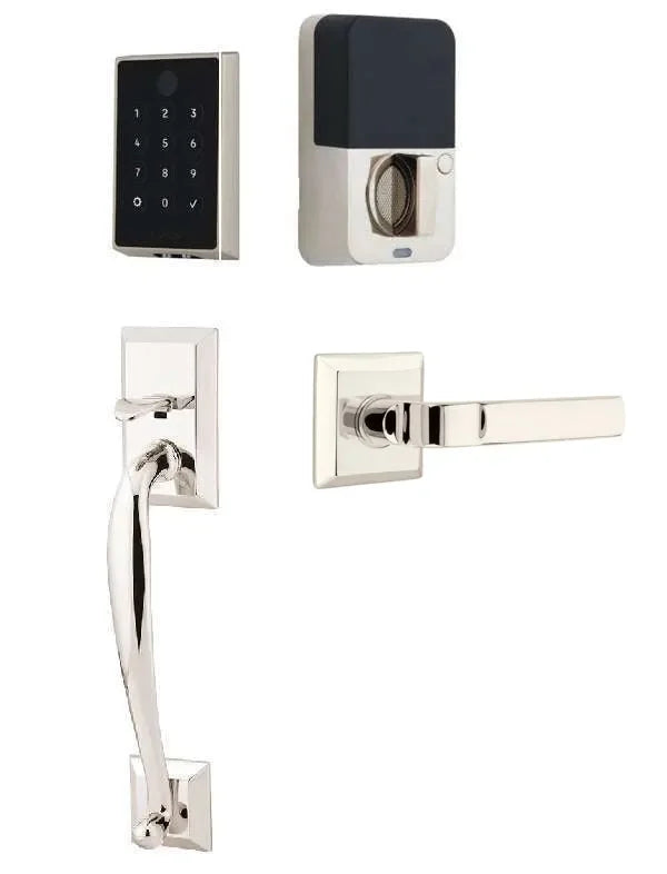 Emtek EMPowered 2 Touch Entry Set with Franklin Grip and Aston Lever Lifetime Polished Nickel