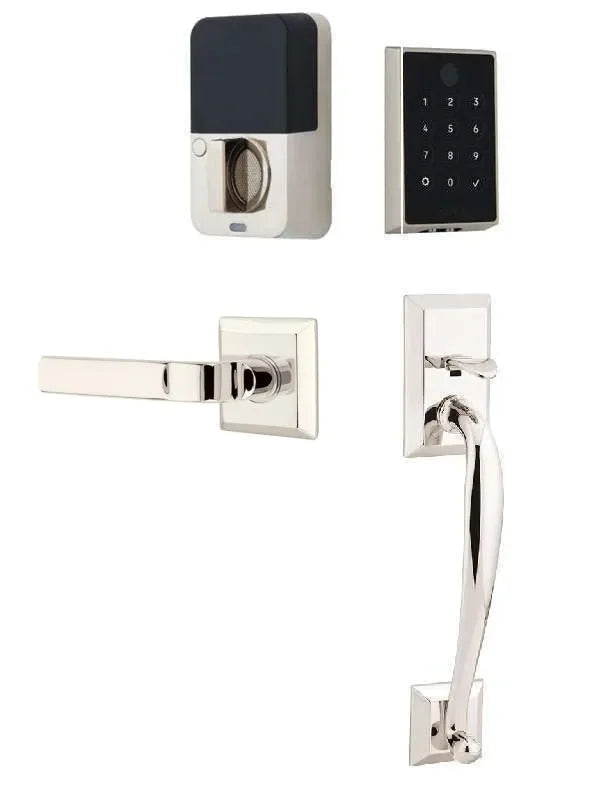 Emtek EMPowered 2 Touch Entry Set with Franklin Grip and Aston Lever Lifetime Polished Nickel