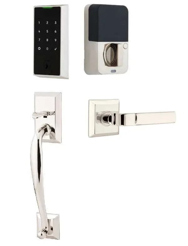 Emtek EMPowered 2 Touch Entry Set with Franklin Grip and Aston Lever Lifetime Polished Nickel
