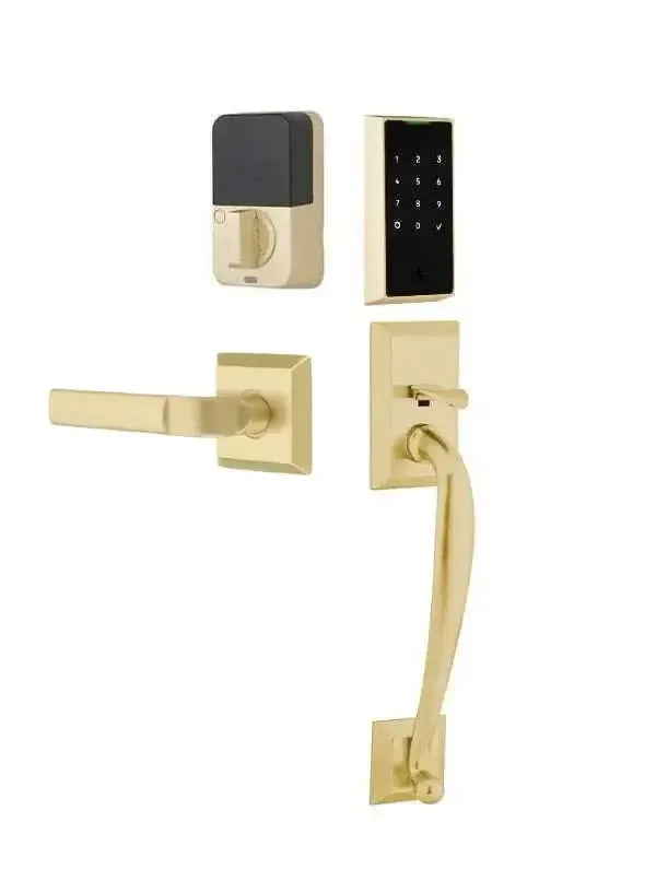 Emtek EMPowered 2 Touch Entry Set with Franklin Grip and Aston Lever in Satin Brass finish