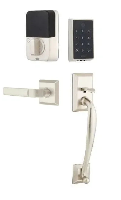 Emtek EMPowered 2 Touch Entry Set with Franklin Grip and Aston Lever Satin Nickel