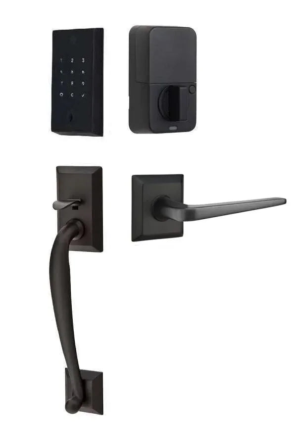 Emtek EMPowered 2 Touch Entry Set with Franklin Grip and Athena Lever Flat Black
