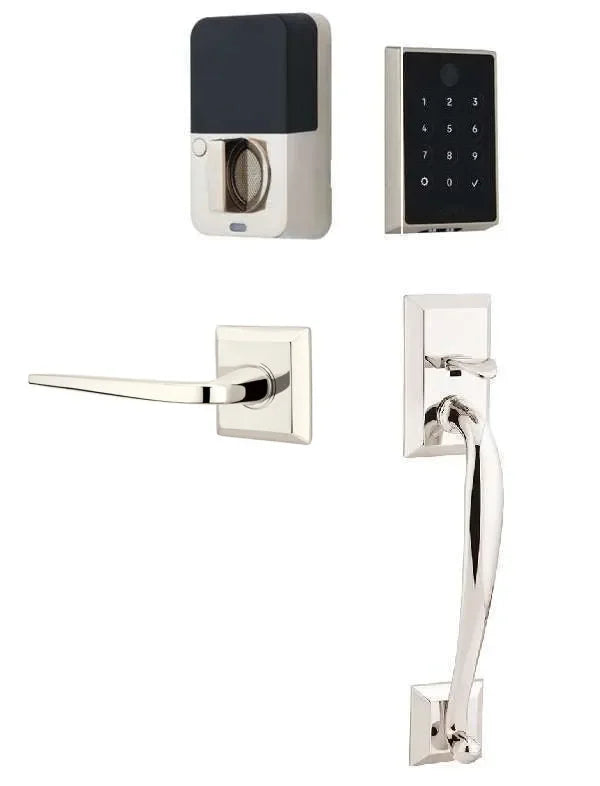Emtek EMPowered 2 Touch Entry Set with Franklin Grip and Athena Lever Lifetime Polished Nickel