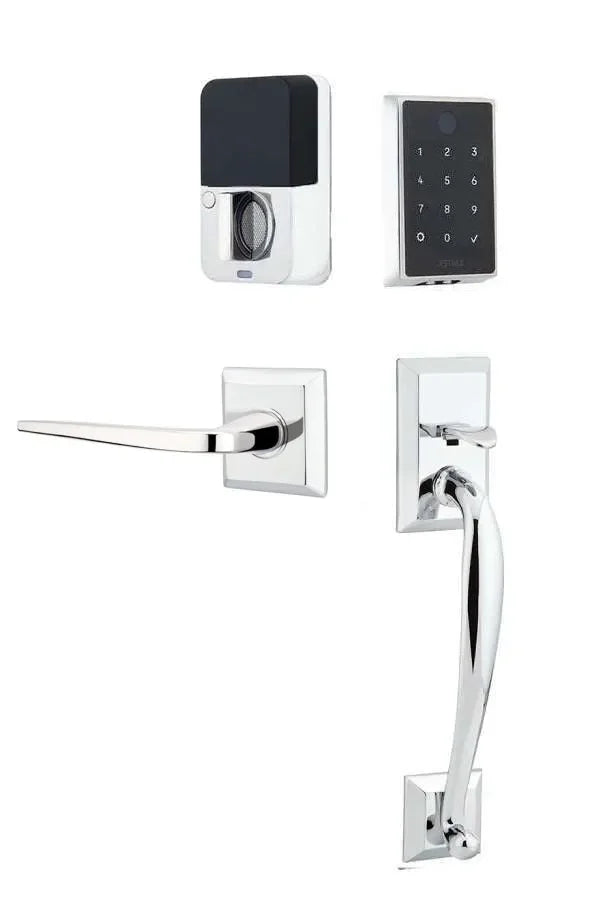 Emtek EMPowered 2 Touch Entry Set with Franklin Grip and Athena Lever Polished Chrome