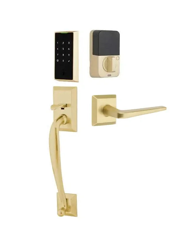 Emtek EMPowered 2 Touch Entry Set with Franklin Grip and Athena Lever Satin Brass