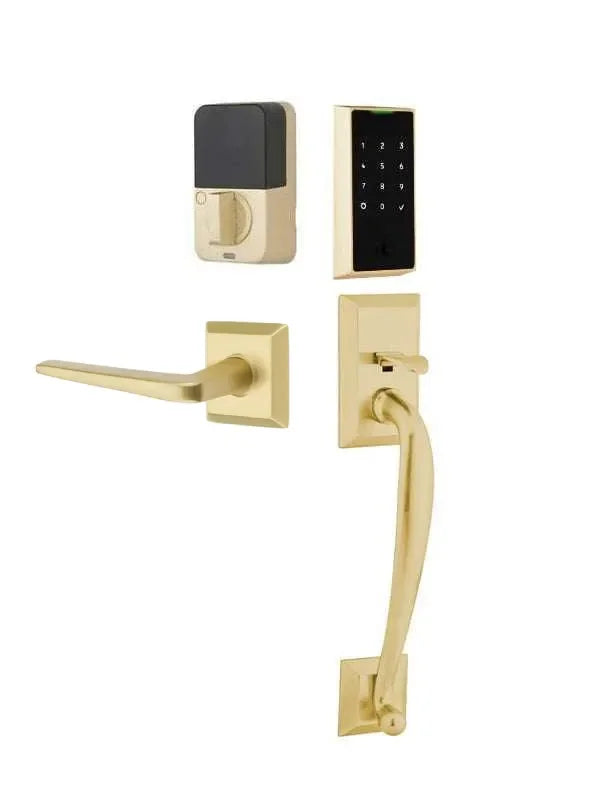 Emtek EMPowered 2 Touch Entry Set with Franklin Grip and Athena Lever Satin Brass