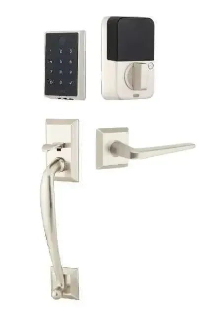 Emtek EMPowered 2 Touch Entry Set with Franklin Grip and Athena Lever in Satin Nickel finish