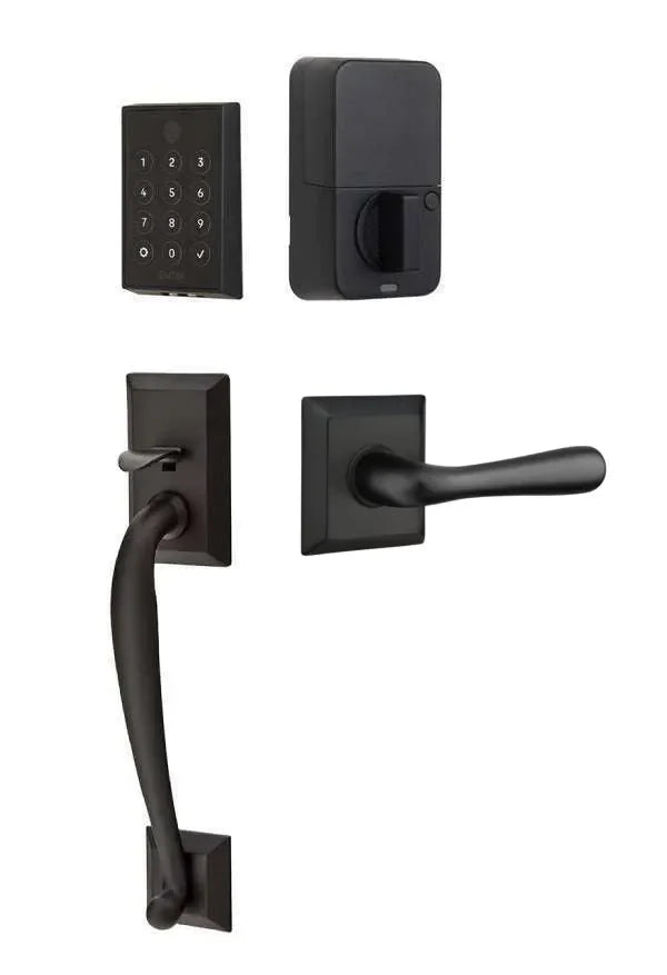 Emtek EMPowered 2 Touch Entry Set with Franklin Grip and Basel Lever Flat Black