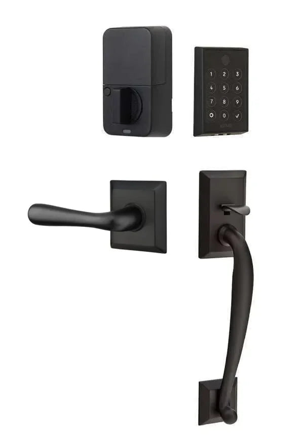Emtek EMPowered 2 Touch Entry Set with Franklin Grip and Basel Lever Flat Black