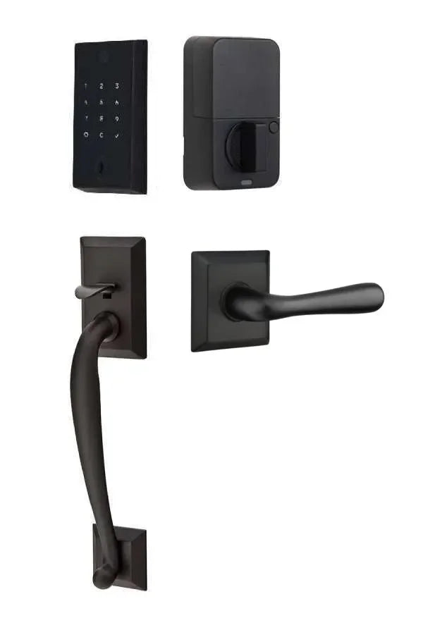Emtek EMPowered 2 Touch Entry Set with Franklin Grip and Basel Lever Flat Black