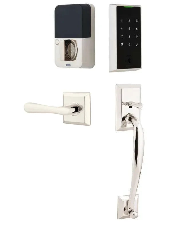 Emtek EMPowered 2 Touch Entry Set with Franklin Grip and Basel Lever Lifetime Polished Nickel