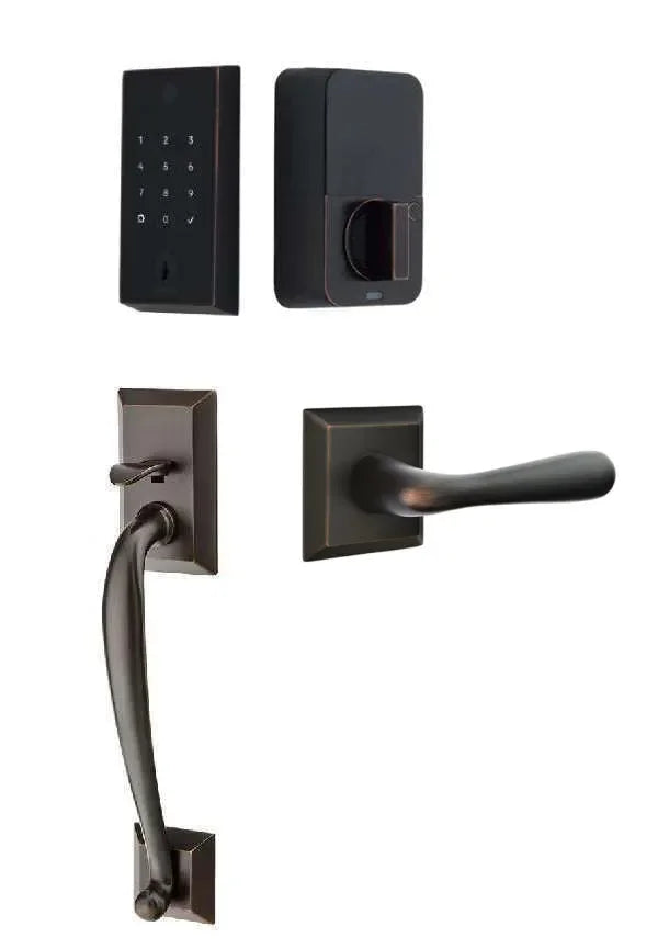 Emtek EMPowered 2 Touch Entry Set with Franklin Grip and Basel Lever Oil Rubbed Bronze