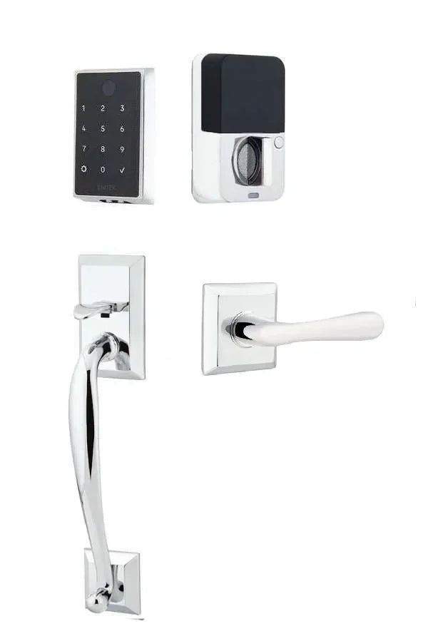 Emtek EMPowered 2 Touch Entry Set with Franklin Grip and Basel Lever Polished Chrome
