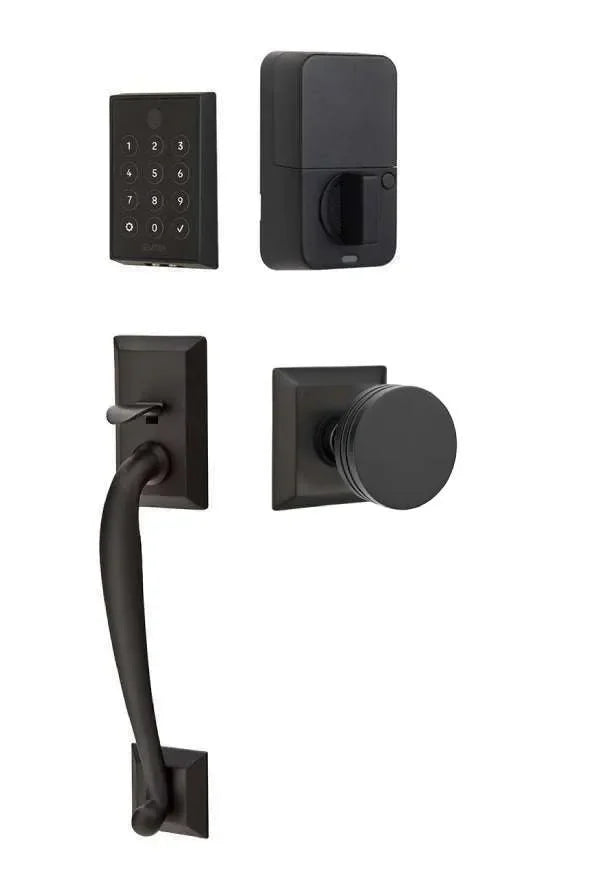 Emtek EMPowered 2 Touch Entry Set with Franklin Grip and Bern Knob Flat Black