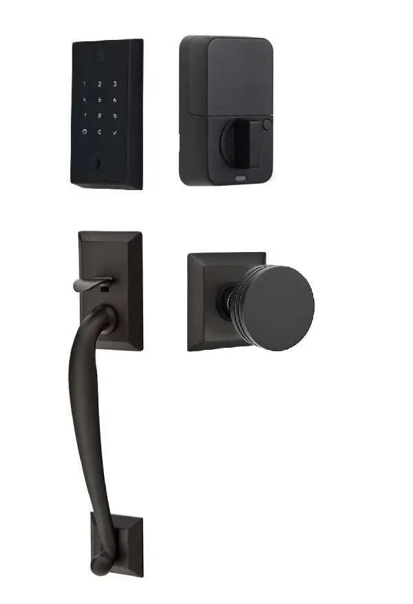 Emtek EMPowered 2 Touch Entry Set with Franklin Grip and Bern Knob Flat Black