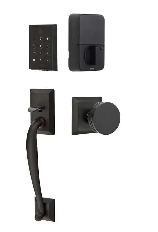 Emtek EMPowered 2 Touch Entry Set with Franklin Grip and Bern Knob in Flat Black finish