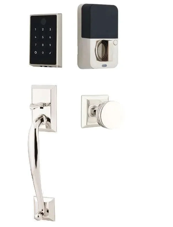 Emtek EMPowered 2 Touch Entry Set with Franklin Grip and Bern Knob Lifetime Polished Nickel