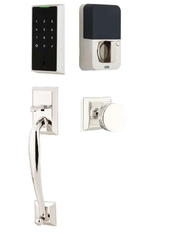 Emtek EMPowered 2 Touch Entry Set with Franklin Grip and Bern Knob Lifetime Polished Nickel