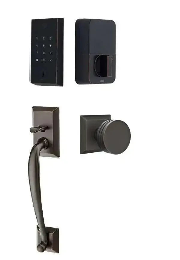 Emtek EMPowered 2 Touch Entry Set with Franklin Grip and Bern Knob in Oil Rubbed Bronze finish