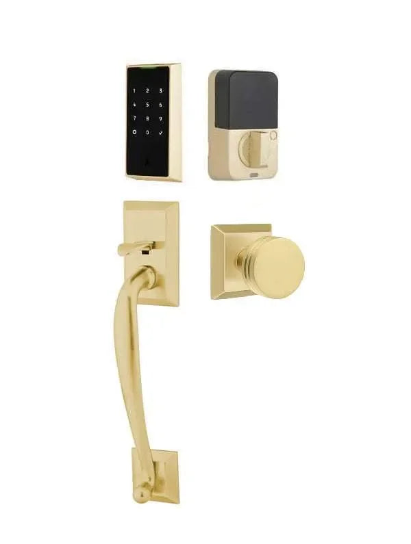 Emtek EMPowered 2 Touch Entry Set with Franklin Grip and Bern Knob Satin Brass