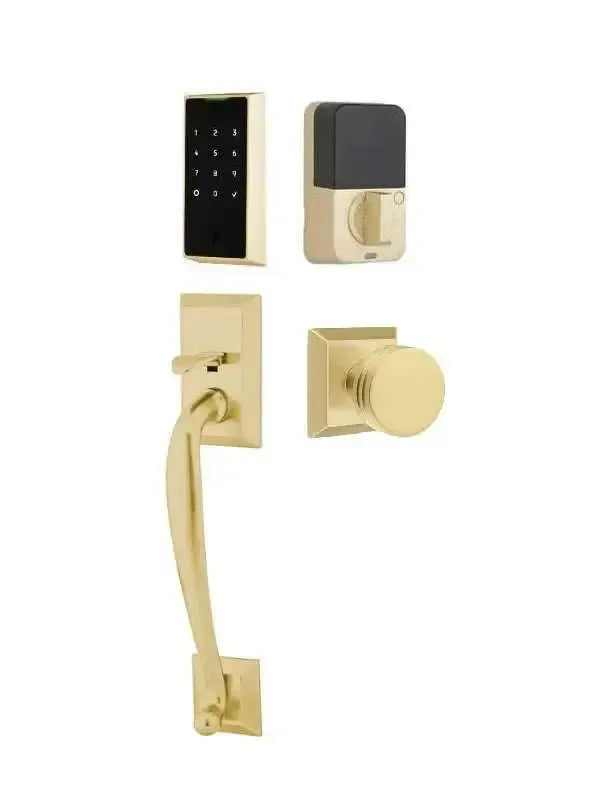 Emtek EMPowered 2 Touch Entry Set with Franklin Grip and Bern Knob in Satin Brass finish