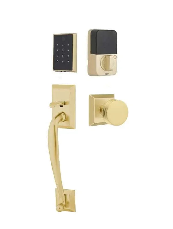 Emtek EMPowered 2 Touch Entry Set with Franklin Grip and Bern Knob Satin Brass