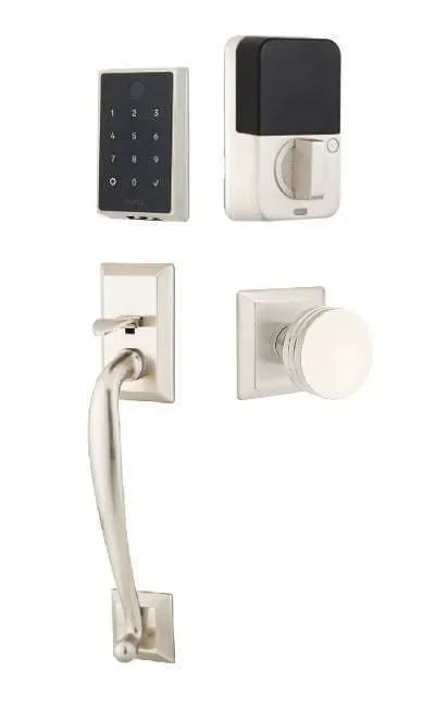 Emtek EMPowered 2 Touch Entry Set with Franklin Grip and Bern Knob Satin Nickel