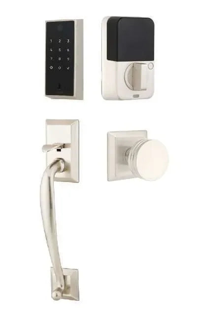 Emtek EMPowered 2 Touch Entry Set with Franklin Grip and Bern Knob Satin Nickel