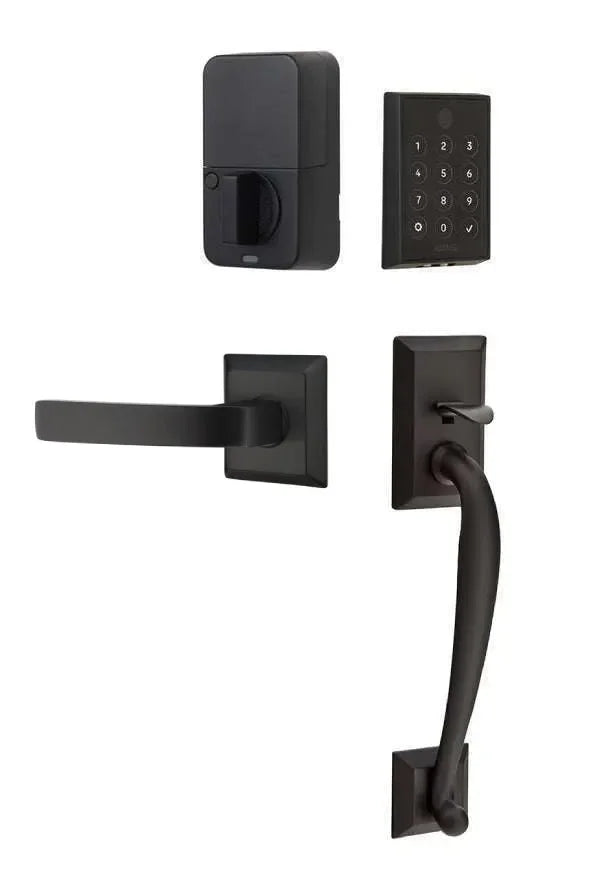 Emtek EMPowered 2 Touch Entry Set with Franklin Grip and Breslin Lever Flat Black