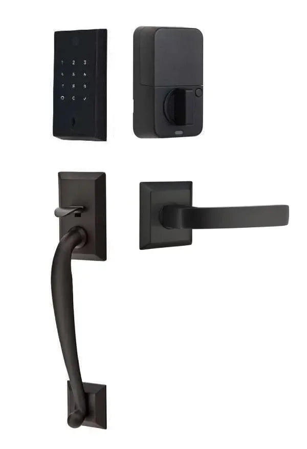 Emtek EMPowered 2 Touch Entry Set with Franklin Grip and Breslin Lever Flat Black