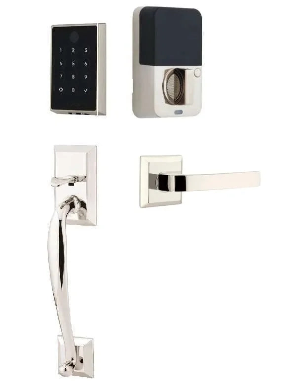 Emtek EMPowered 2 Touch Entry Set with Franklin Grip and Breslin Lever Lifetime Polished Nickel
