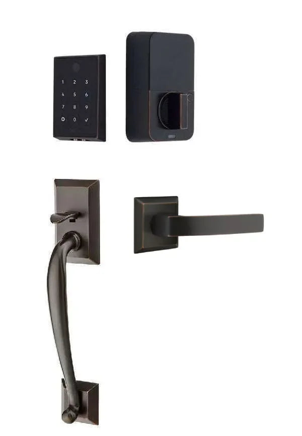Emtek EMPowered 2 Touch Entry Set with Franklin Grip and Breslin Lever Oil Rubbed Bronze