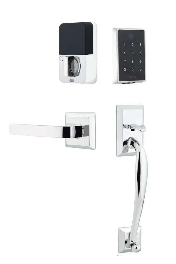 Emtek EMPowered 2 Touch Entry Set with Franklin Grip and Breslin Lever Polished Chrome