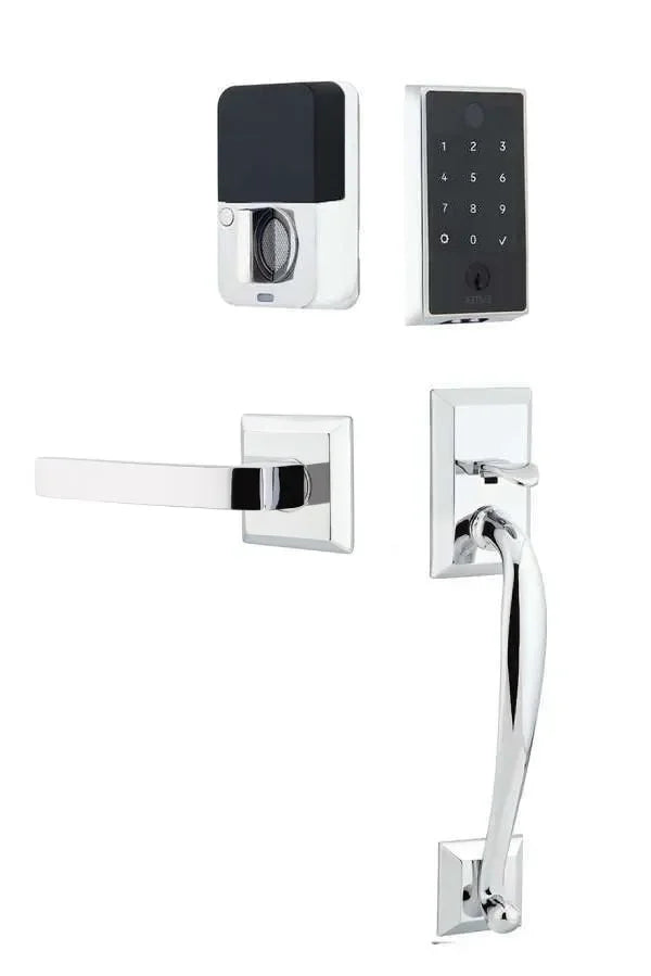 Emtek EMPowered 2 Touch Entry Set with Franklin Grip and Breslin Lever Polished Chrome