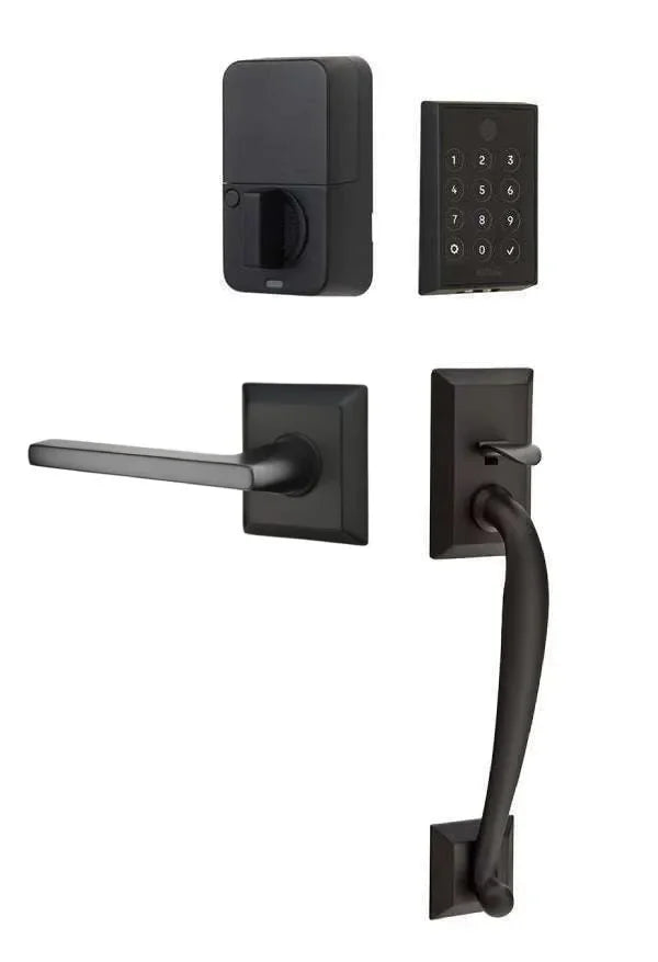 Emtek EMPowered 2 Touch Entry Set with Franklin Grip and Helios Lever Flat Black