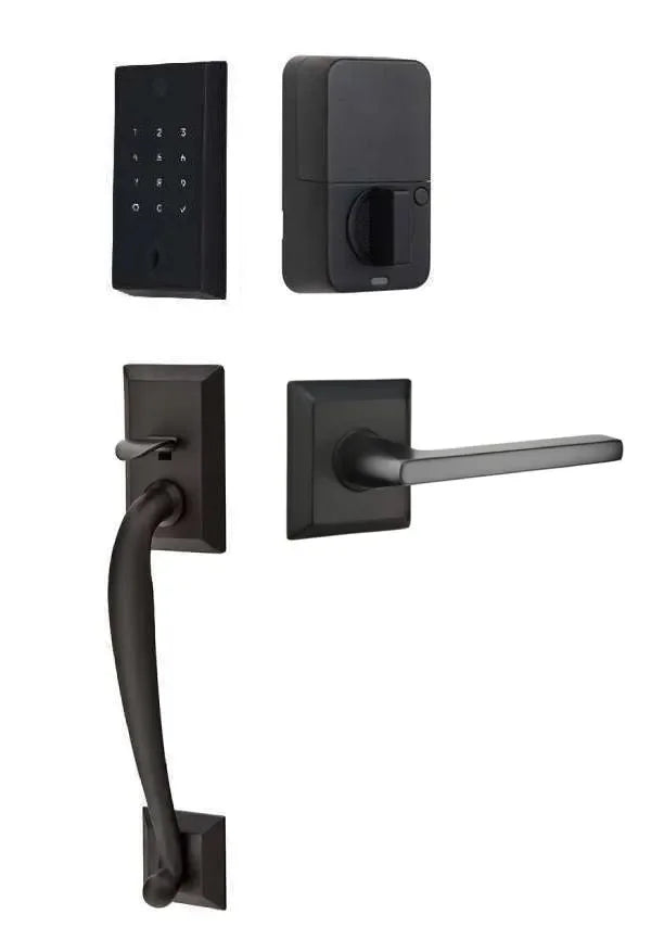 Emtek EMPowered 2 Touch Entry Set with Franklin Grip and Helios Lever Flat Black