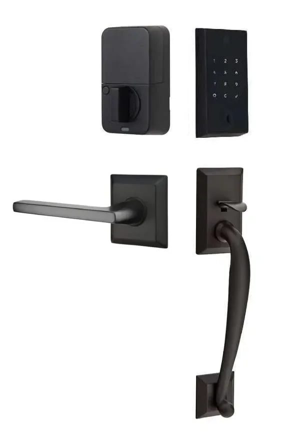 Emtek EMPowered 2 Touch Entry Set with Franklin Grip and Helios Lever Flat Black