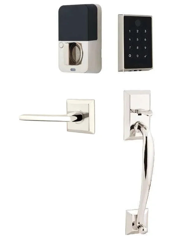 Emtek EMPowered 2 Touch Entry Set with Franklin Grip and Helios Lever Lifetime Polished Nickel