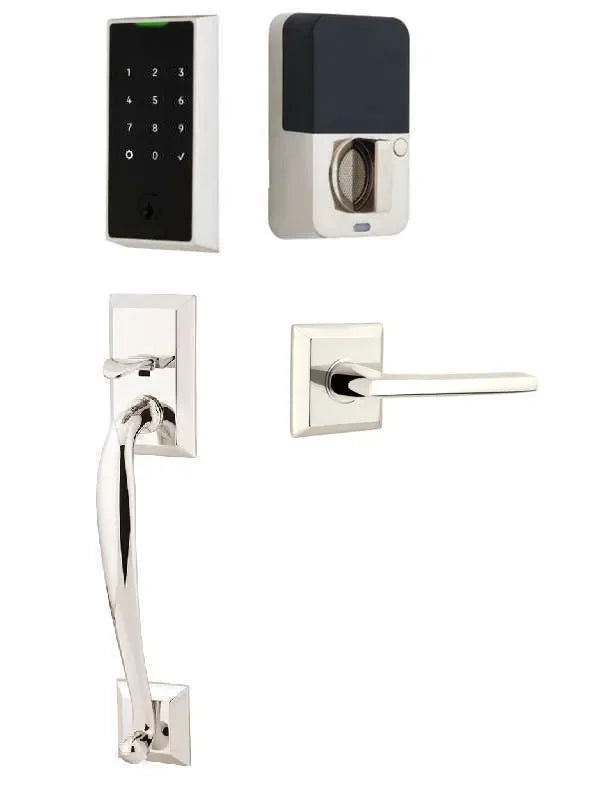 Emtek EMPowered 2 Touch Entry Set with Franklin Grip and Helios Lever Lifetime Polished Nickel