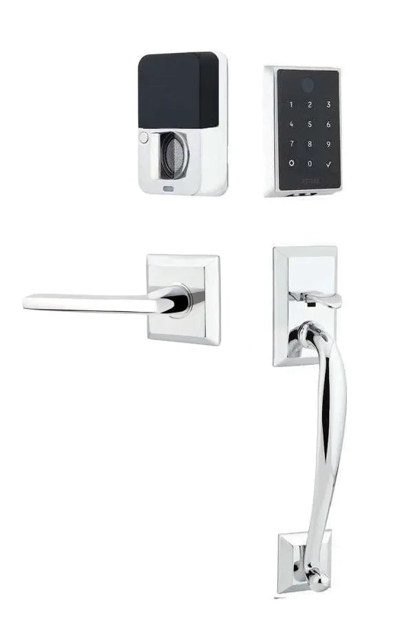 Emtek EMPowered 2 Touch Entry Set with Franklin Grip and Helios Lever Polished Chrome